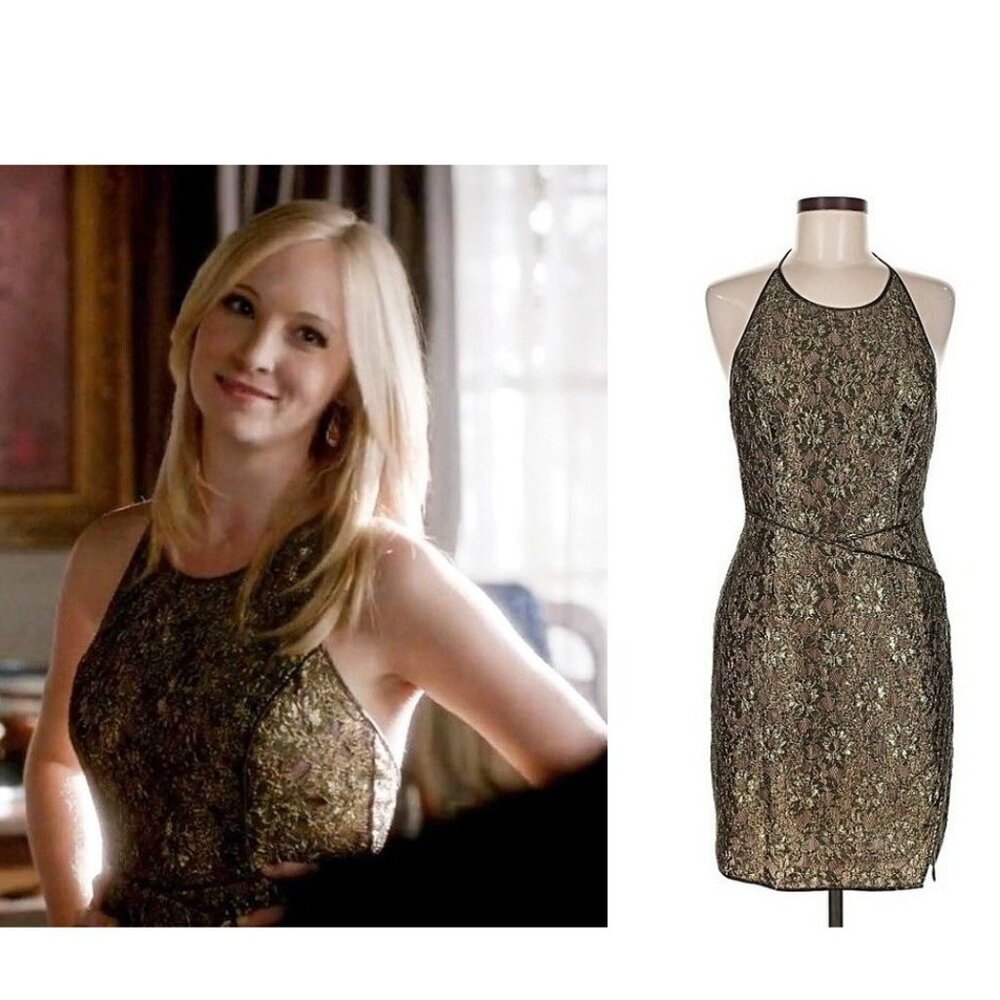 ASO CAROLINE FORBES THE VAMPIRE DIARIES TVD Dress Gold Lace Dress RARE